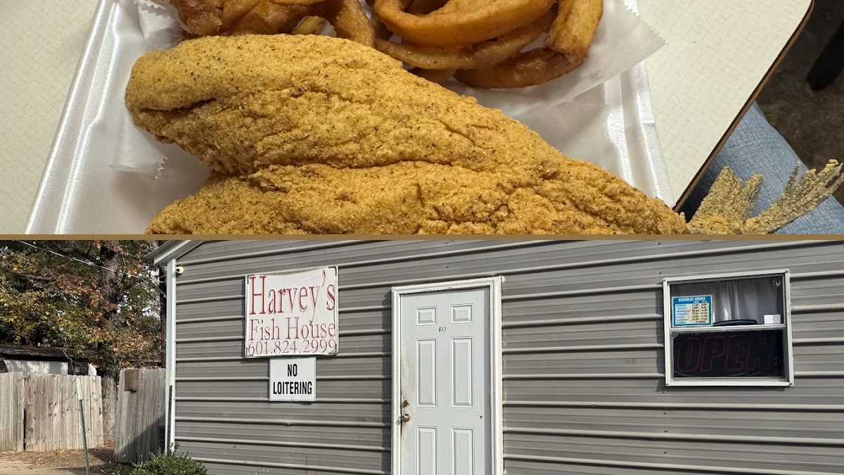 Golden fried fish beside simple side dishes.