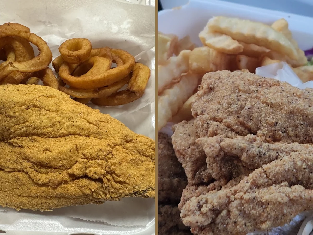 Fried fish plates on a restaurant table.