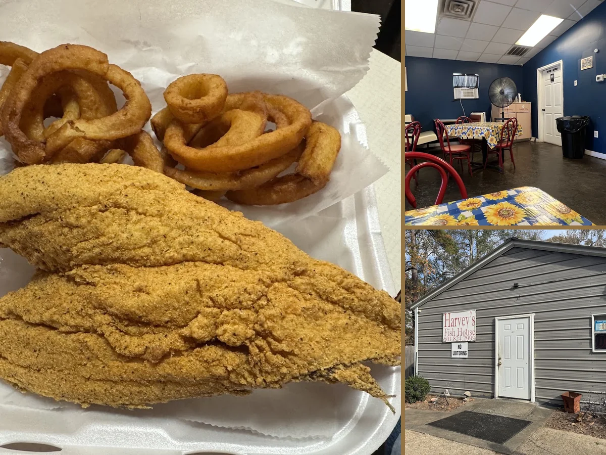 A seafood meal with hushpuppies and fries.
