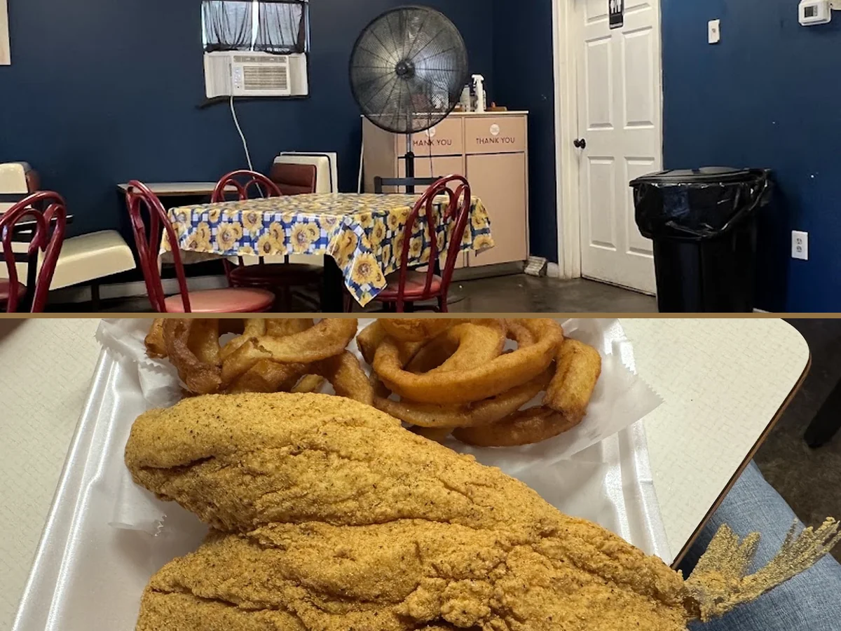 Fried fish plates on a restaurant table.