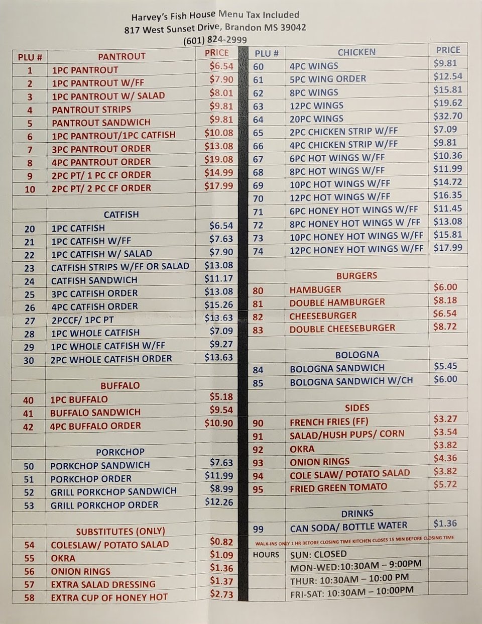 Printed menu with catfish and wings.