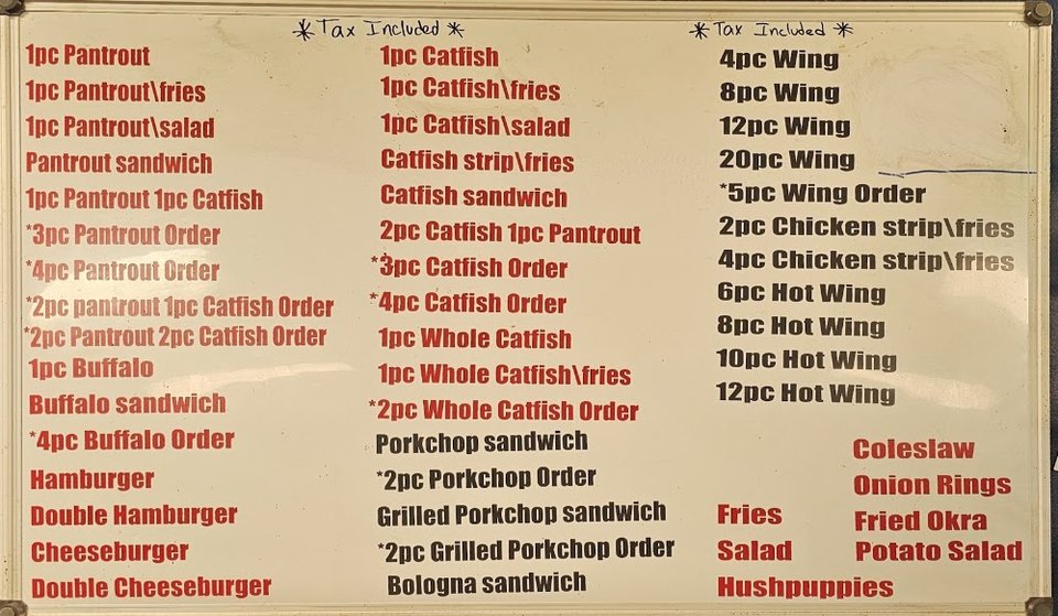 Seafood menu listing sandwiches and sides.